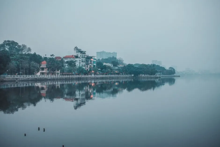 Mặt hồ yên tĩnh và hàng cây ven bờ ở Việt Nam