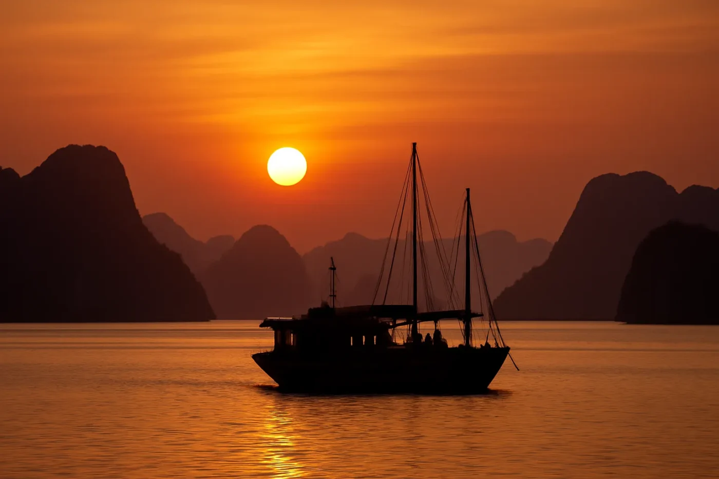 Hoàng hôn trên vịnh Hạ Long với bóng thuyền