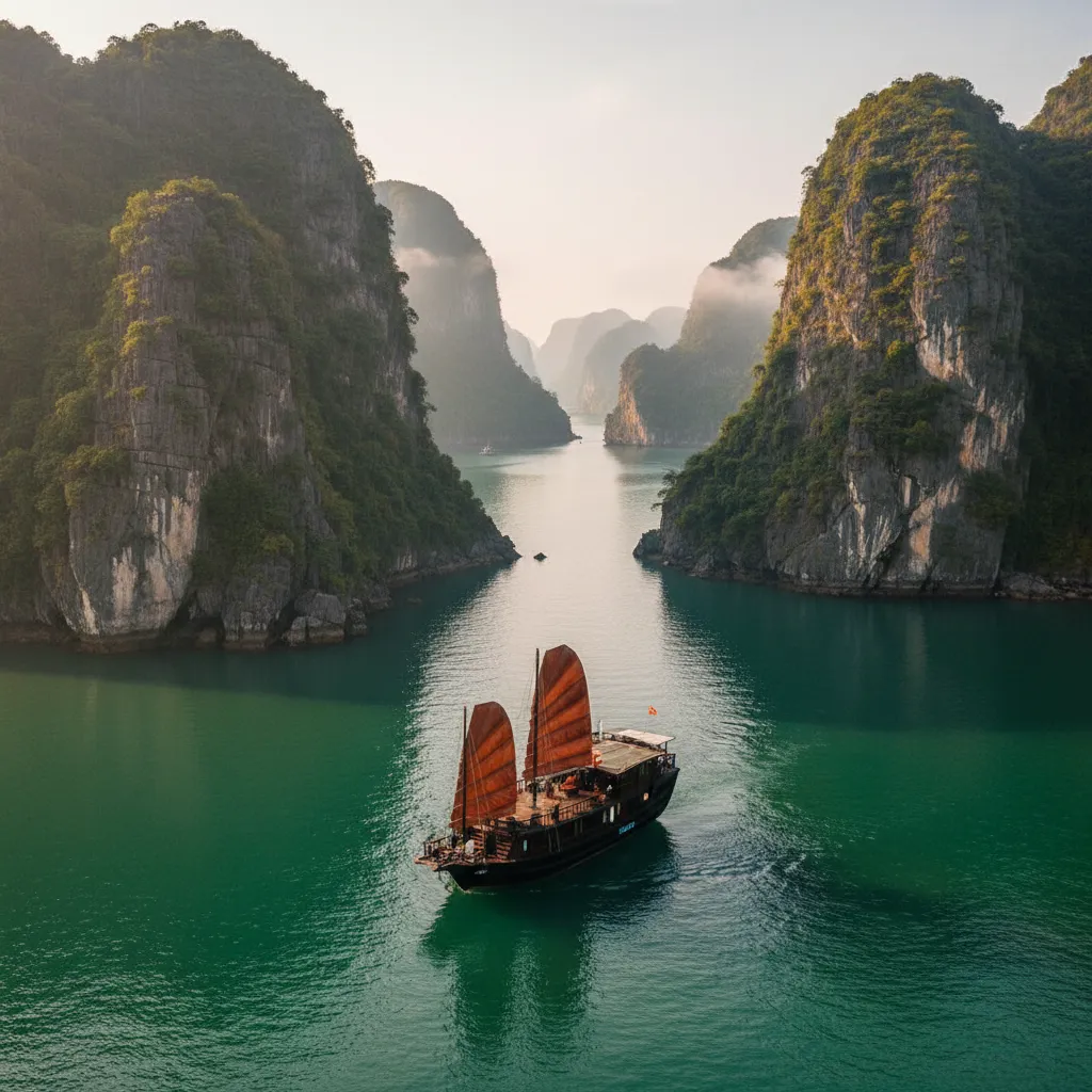 Thuyền buồm giữa các đảo đá vịnh Hạ Long