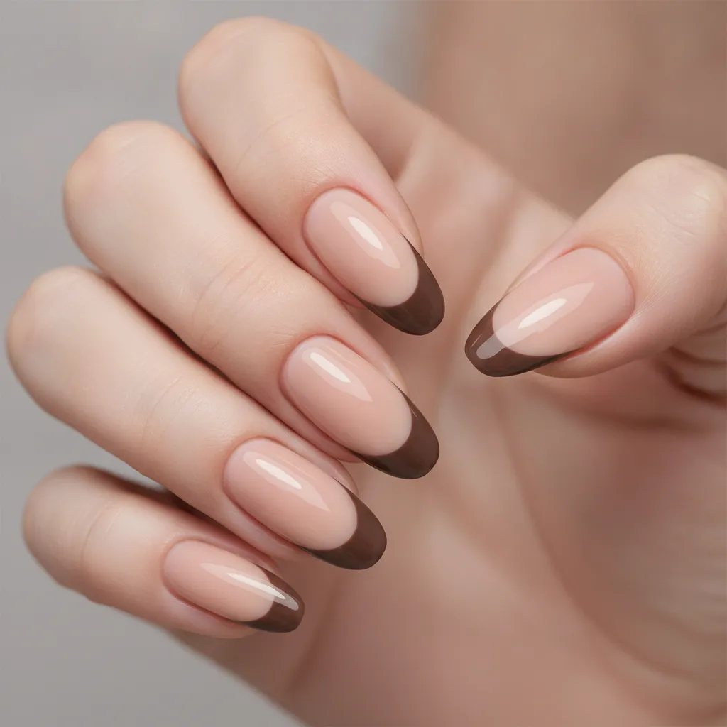 Móng dài hạnh nhân nền nude với đầu màu mocha