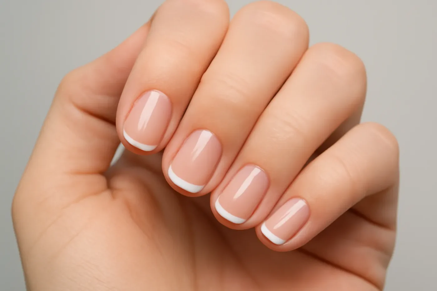 Móng ngắn nền hồng sữa với đầu móng French trắng mảnh