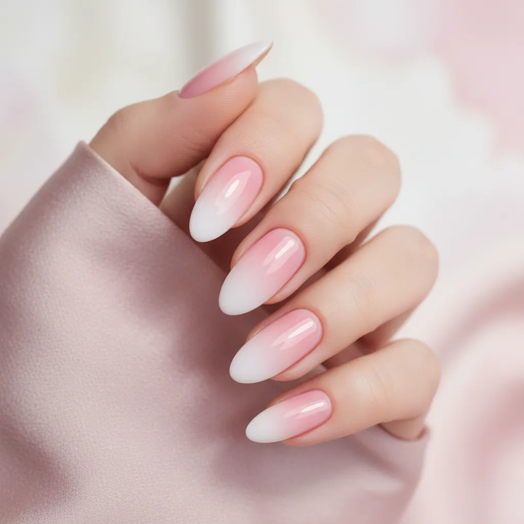 Móng almond chuyển màu ombre hồng sữa nhẹ